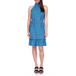 Michael Kors Women Blue Casual Ruffle Mock Neck Fit & Flare Mini Dress Size L